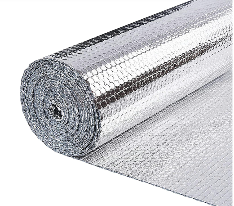 Bubble insulation roll made of polyethylene with reflective aluminum surface used for roofing, wall, and thermal insulation