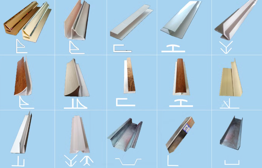 Spandrel mouldings in PVC and wood finishes including trims and corner profiles used for clean and seamless ceiling and wall panel installations