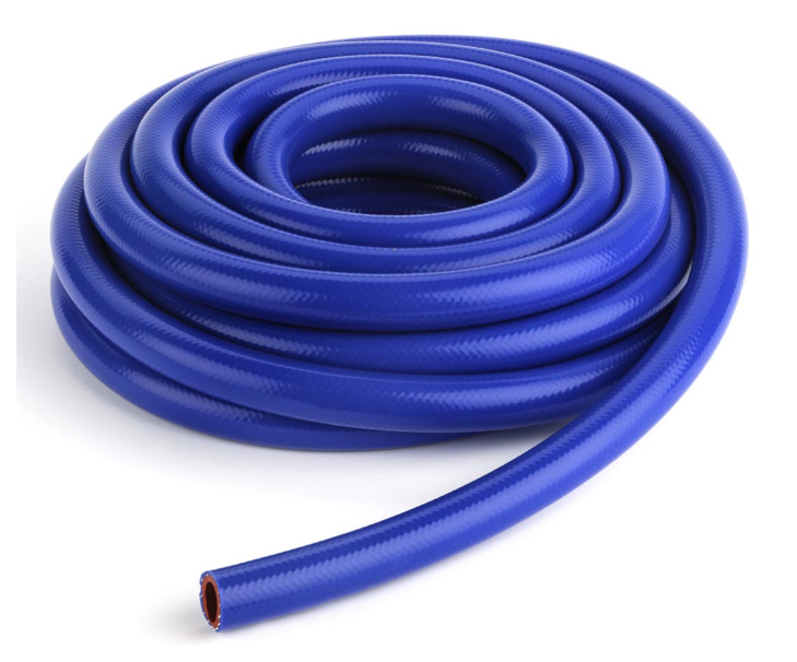 Coiled rubber and PVC hoses in various sizes used for watering, cleaning, and industrial applications